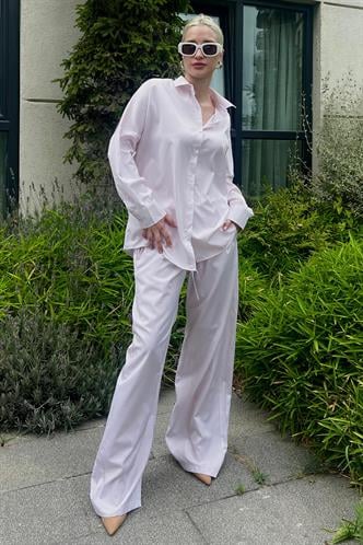 Pembe Uzun Kollu Çizgili Gömlek Pantolon İkili Takım MG2124