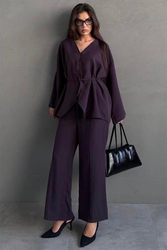 Mürdüm V Yaka Düğmeli Kuşaklı İkili Modal Kadın Takım MG2619