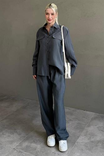 Füme Tensel Kumaş Düğmeli Kadın Gömlek Takım Mg2621