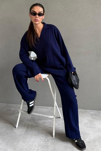 Lacivert  Rahat Kesim Dikiş Detaylı Kadın Triko Takım MG2584