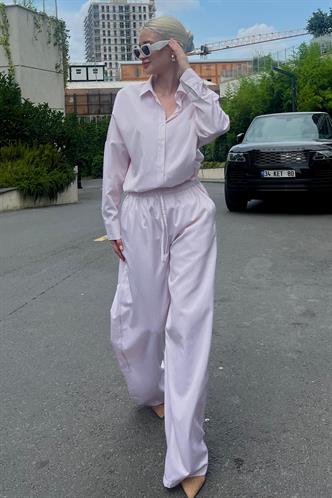 Pembe Uzun Kollu Çizgili Gömlek Pantolon İkili Takım MG2124