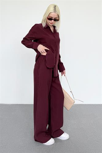 Bordo Basic Kadın Gömlek Pantolon İkili Takım Mg2352