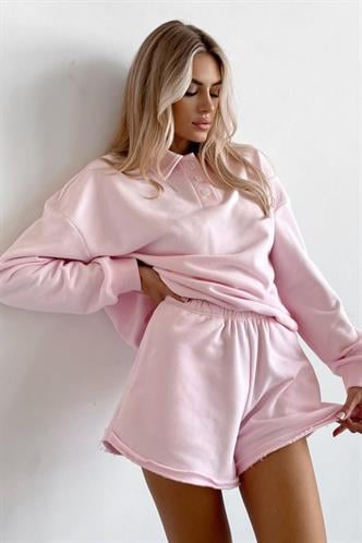 Pembe Polo Yaka Kadın Şort Sweatshirt Takım Mg2375
