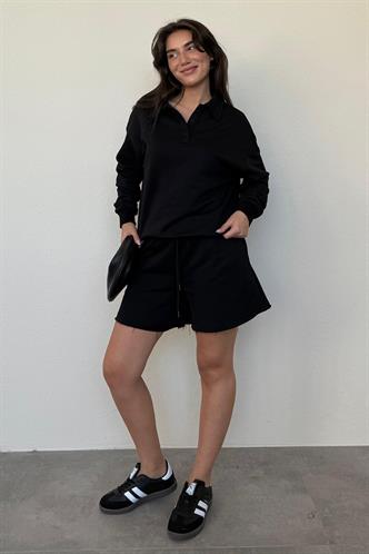 Siyah Polo Yaka Kadın Şort Sweatshirt Takım Mg2375