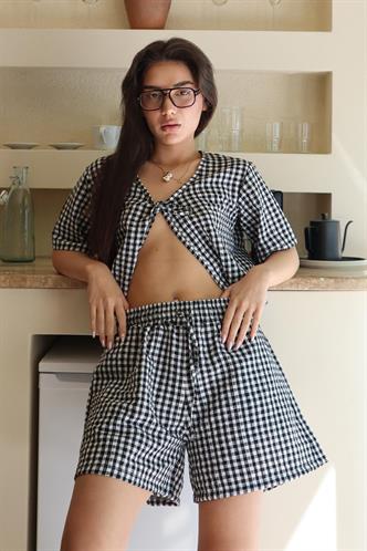 Siyah Pötikareli Şort Bluz Takım Mg2373