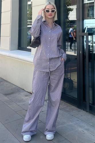 Bordo Uzun Kollu Çizgili Gömlek Pantolon İkili Takım MG2124