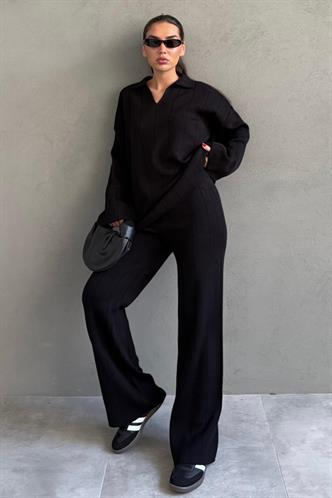 Siyah Rahat Kesim Dikiş Detaylı Kadın Triko Takım MG2584