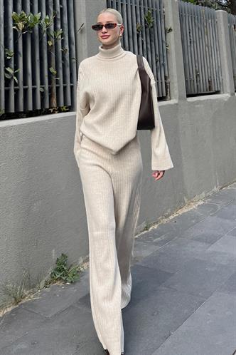 Ekru Uzun Kollu Triko Kazak Pantolon İkili Takım MG2173