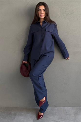 Lacivert Tensel Kumaş Düğmeli Kadın Gömlek Takım Mg2621