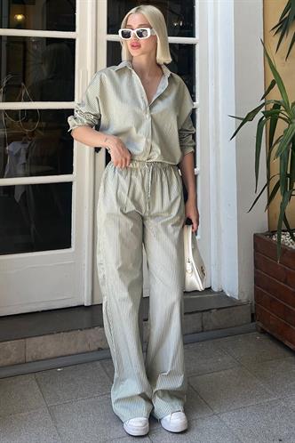 Yeşil Uzun Kollu Çizgili Gömlek Pantolon İkili Takım MG2124