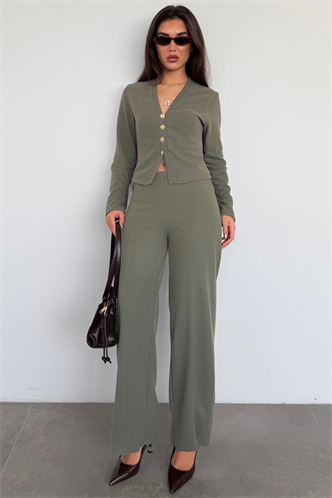 Haki Düğmeli Yumuşak Dokunuşlu İkili Hırka Pantolon Takım MG2651