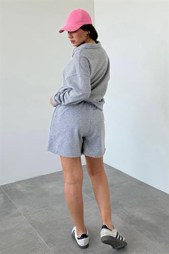 Gri Polo Yaka Kadın Şort Sweatshirt Takım Mg2375