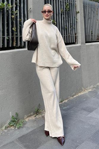 Ekru Uzun Kollu Triko Kazak Pantolon İkili Takım MG2173