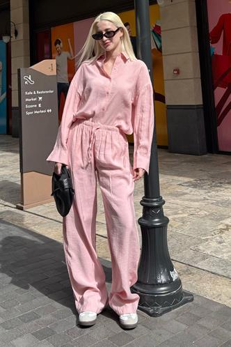 Pembe Basic Kadın Gömlek Pantolon İkili Takım Mg2352