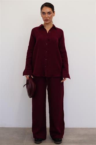 Bordo Basic Kadın Gömlek Pantolon Takım Mg2461