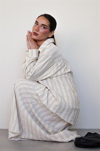 Ekru Çizgili Keten Etek Gömlek Takım Mg2447