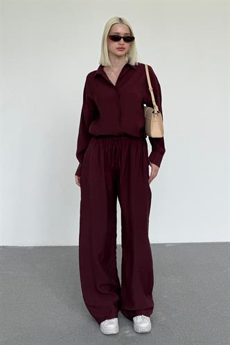 Bordo Basic Kadın Gömlek Pantolon İkili Takım Mg2352