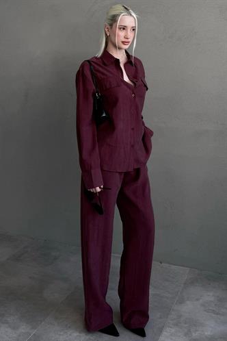 Bordo Tensel Kumaş Düğmeli Kadın Gömlek Takım Mg2621