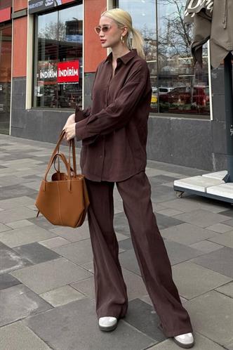 Acı Kahverengi Basic Kadın Gömlek Pantolon İkili Takım Mg2352