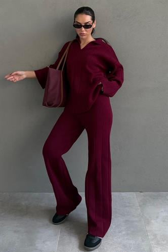 Bordo Rahat Kesim Dikiş Detaylı Kadın Triko Takım MG2584