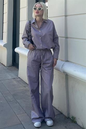 Bordo Uzun Kollu Çizgili Gömlek Pantolon İkili Takım MG2124