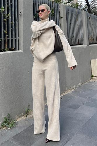 Ekru Uzun Kollu Triko Kazak Pantolon İkili Takım MG2173