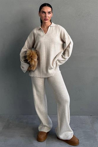 Bej Rahat Kesim Dikiş Detaylı Kadın Triko Takım MG2584