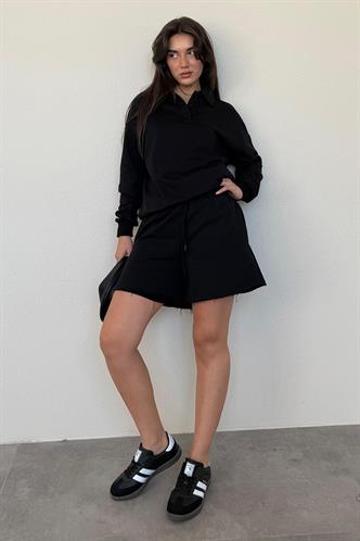 Siyah Polo Yaka Kadın Şort Sweatshirt Takım Mg2375