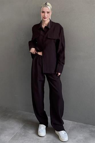 Kahverengi Tensel Kumaş Düğmeli Kadın Gömlek Takım Mg2621