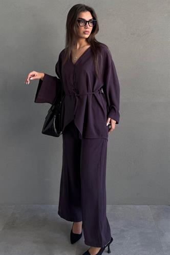 Mürdüm V Yaka Düğmeli Kuşaklı İkili Modal Kadın Takım MG2619