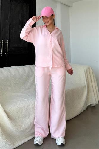 Pembe Uzun Kollu Çizgili Gömlek Pantolon İkili Takım MG2329