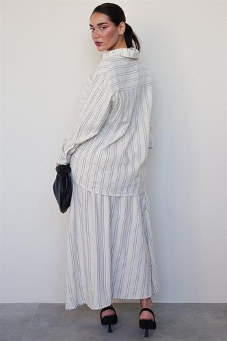 Ekru Çizgili Keten Etek Gömlek Takım Mg2447