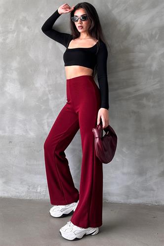 Bordo Yüksek Bel Düz Model Kadın İspanyol Paça Tayt Pantolon Mg2288