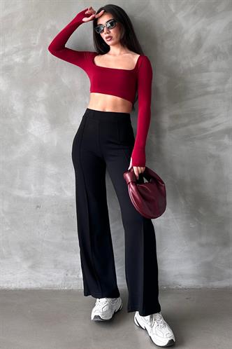 Siyah Yüksek Bel İspanyol Paça Kadın Tayt Pantolon Mg2287