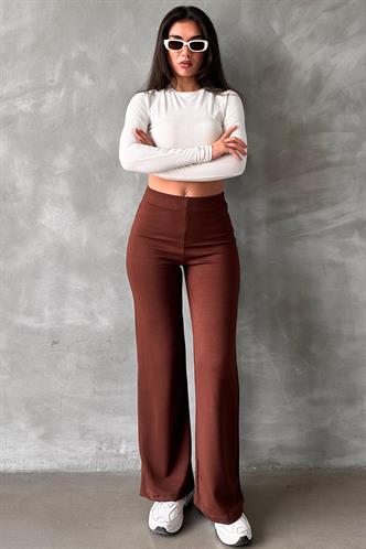 Kahverengi Yüksek Bel Düz Model Kadın İspanyol Paça Tayt Pantolon Mg2288
