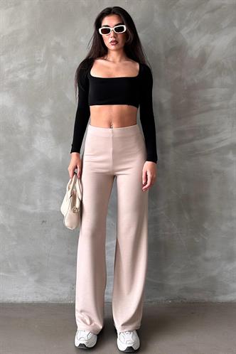 Bej Yüksek Bel Düz Model Kadın İspanyol Paça Tayt Pantolon Mg2288