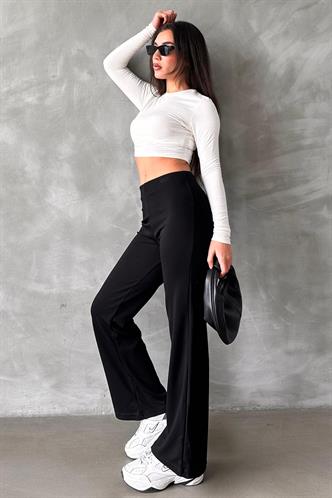 Siyah Yüksek Bel Düz Model Kadın İspanyol Paça Tayt Pantolon Mg2288