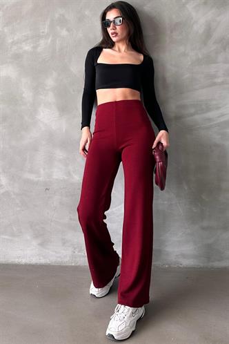 Bordo Yüksek Bel Düz Model Kadın İspanyol Paça Tayt Pantolon Mg2288