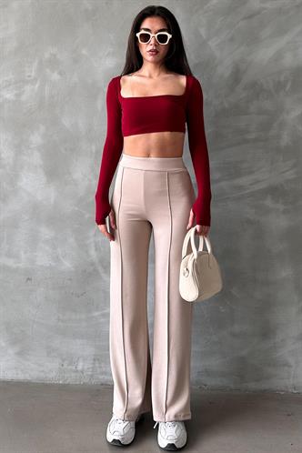 Bej Yüksek Bel İspanyol Paça Kadın Tayt Pantolon Mg2287