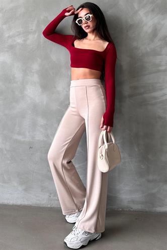Bej Yüksek Bel İspanyol Paça Kadın Tayt Pantolon Mg2287