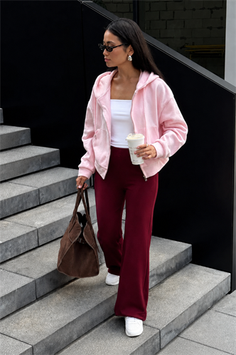 Bordo Yüksek Bel Düz Model Kadın İspanyol Paça Tayt Pantolon Mg2288