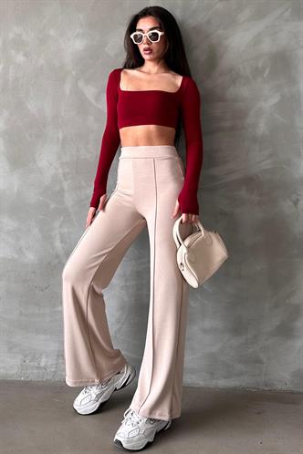 Bej Yüksek Bel İspanyol Paça Kadın Tayt Pantolon Mg2287