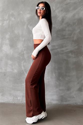 Kahverengi Yüksek Bel Düz Model Kadın İspanyol Paça Tayt Pantolon Mg2288