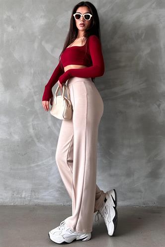 Bej Yüksek Bel İspanyol Paça Kadın Tayt Pantolon Mg2287