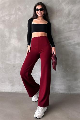 Bordo Yüksek Bel Düz Model Kadın İspanyol Paça Tayt Pantolon Mg2288