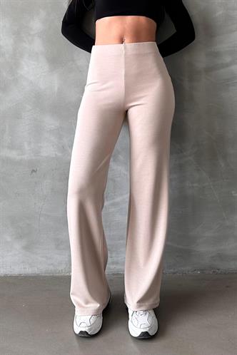 Bej Yüksek Bel Düz Model Kadın İspanyol Paça Tayt Pantolon Mg2288