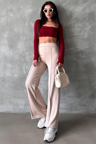 Bej Yüksek Bel İspanyol Paça Kadın Tayt Pantolon Mg2287