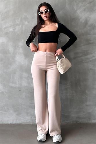 Bej Yüksek Bel Düz Model Kadın İspanyol Paça Tayt Pantolon Mg2288