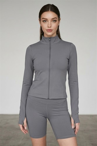 Boyalı Gri Fitted Dik Yaka Fermuarlı Sporcu Hırka MG2795