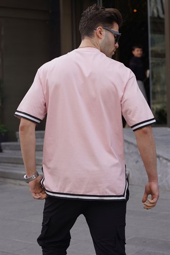 Toz Pembe Bisiklet Yaka Şeritli Tişört 6097